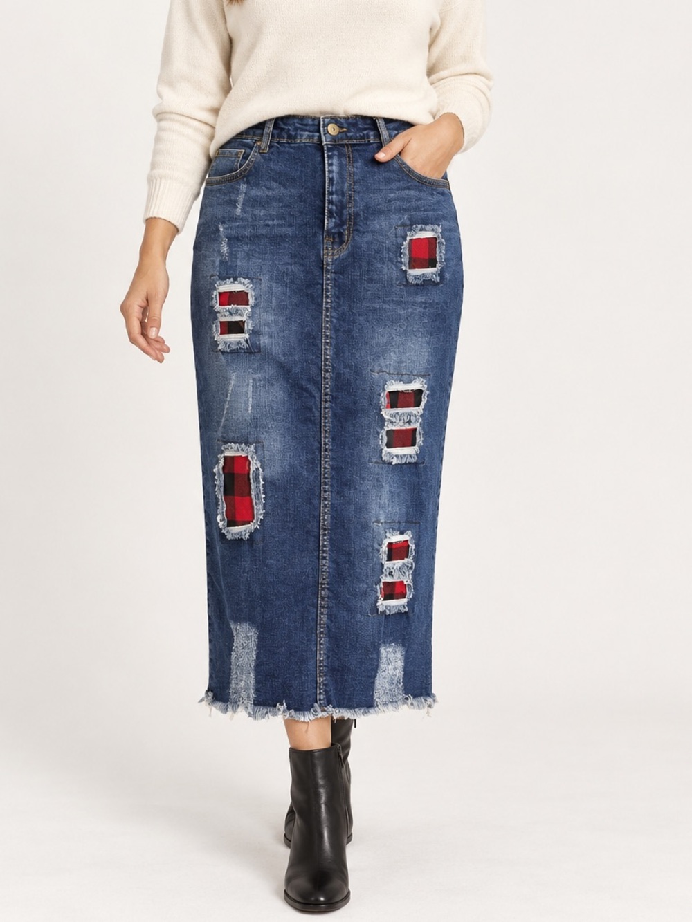 Royal Luxe Distressed Denim Skirt with Buffalo Plaid Patches NWT XS